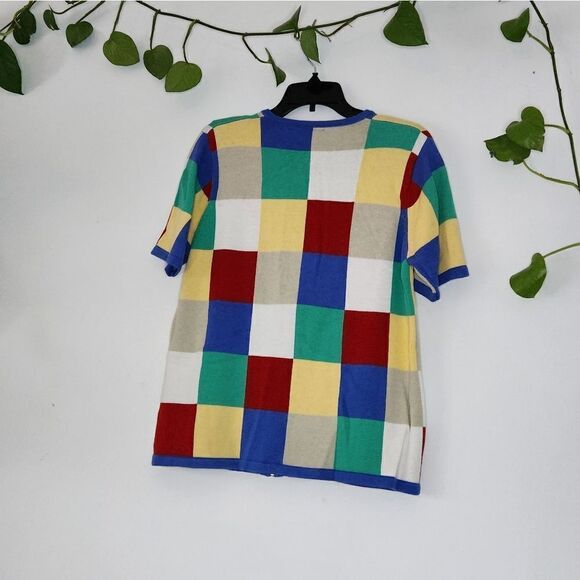 Multi Colored Checkerboard Zip Front Sweater Knit Short Sleeve Vintage 90s - Picture 2 of 6
